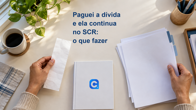 Mãos conferem comprovante e páginas de relatório, com símbolo oficial em caderno.