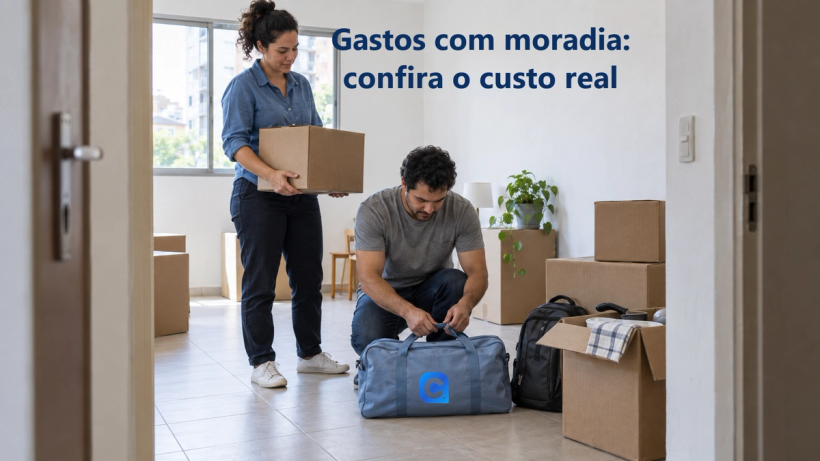 Casal prepara mudança com caixas em apartamento modesto.