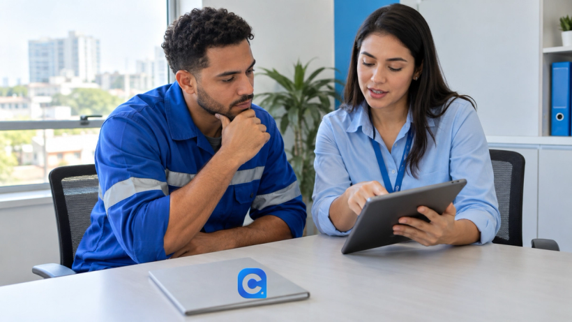 Trabalhador de uniforme azul consulta um tablet com uma assessora.