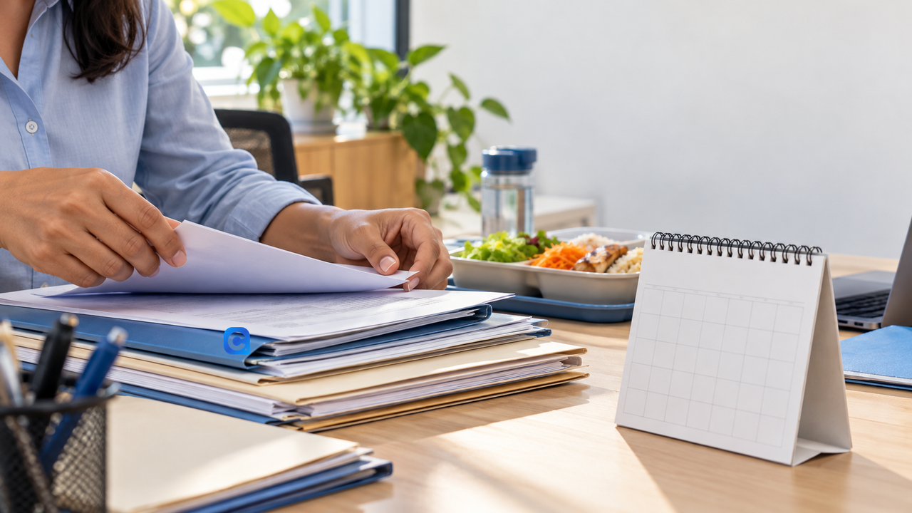 Mãos de uma profissional organizam documentos sobre uma pasta azul com o símbolo Meu Consig, ao lado de uma refeição, um calendário de mesa sem datas preenchidas e um notebook.
