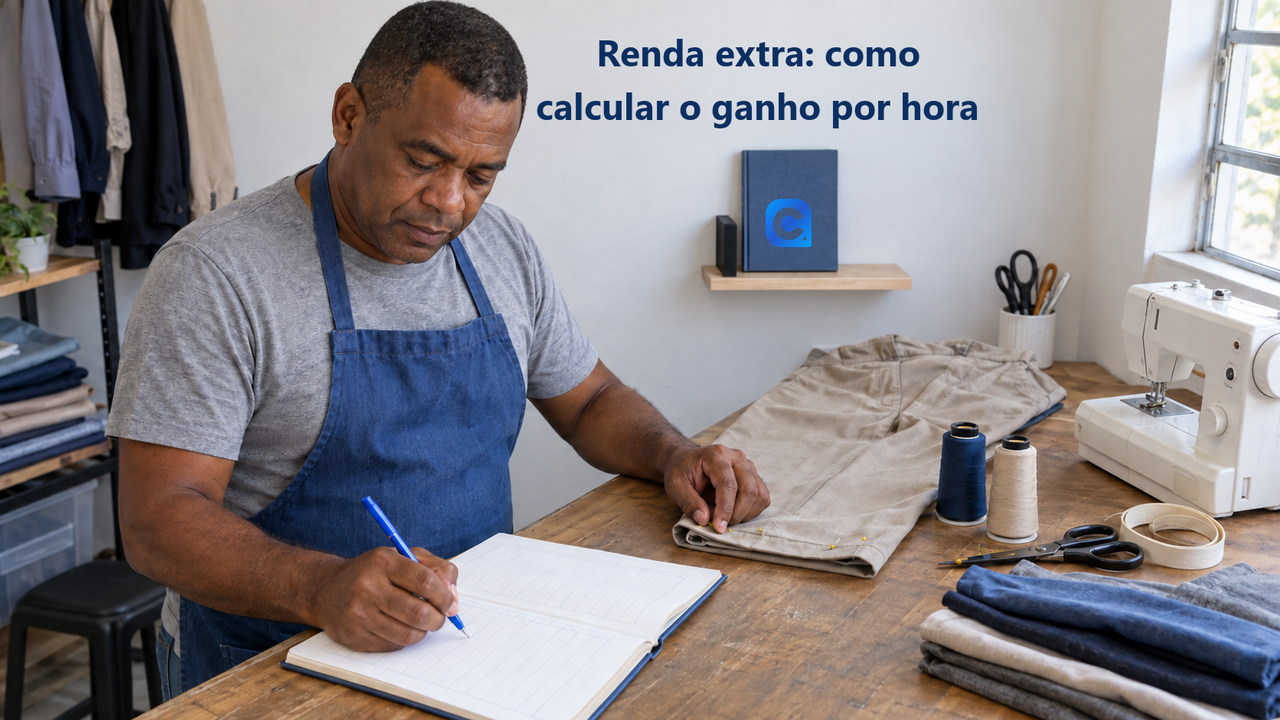 Costureiro registra a atividade num caderno ao lado de uma calça em ajuste, linhas e materiais; símbolo Meu Consig no caderno azul apoiado na prateleira.