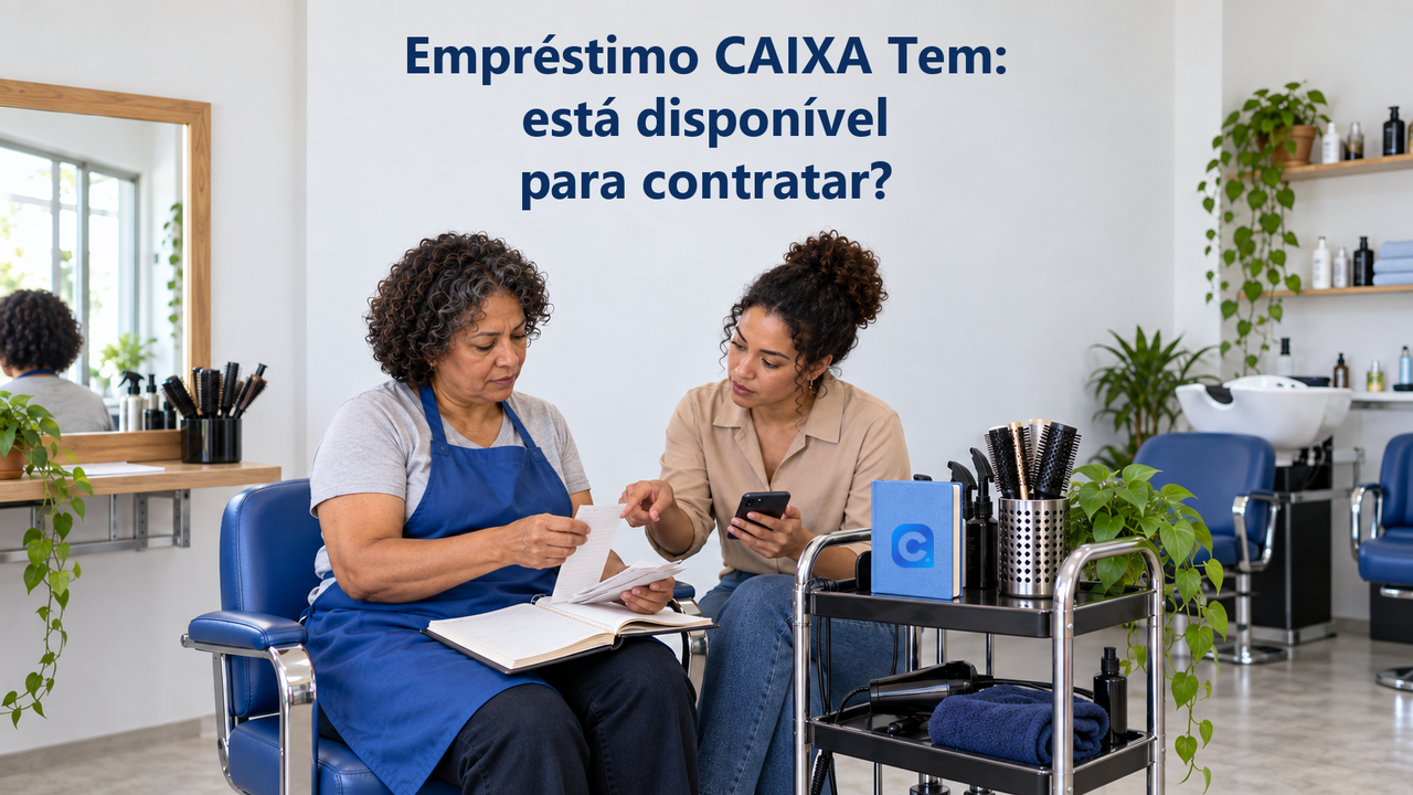 Duas mulheres revisam comprovantes antigos e um livro de registros em um salão de beleza enquanto consultam um celular; um caderno azul apoiado no carrinho traz o símbolo oficial do Meu Consig.