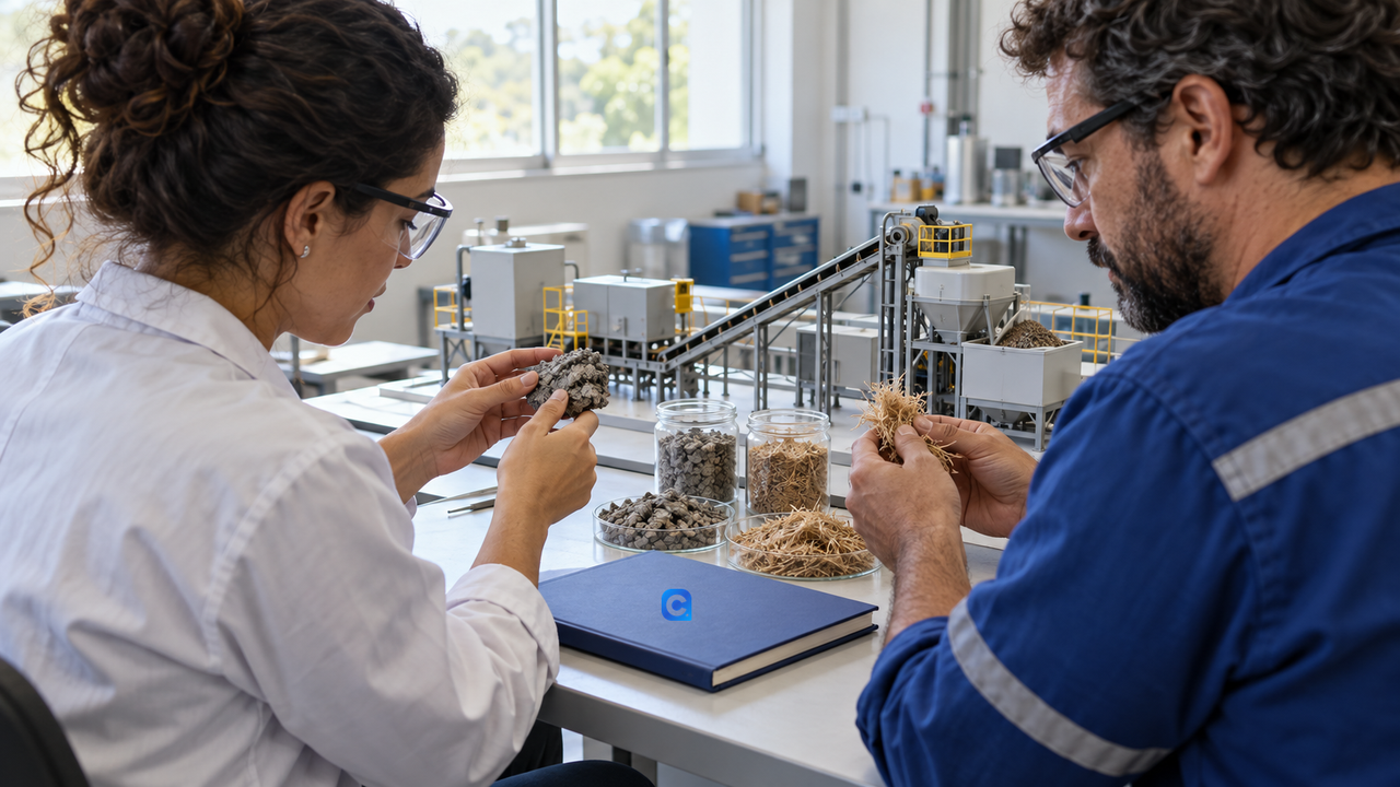 Pesquisadora e técnico avaliam amostras de materiais em uma oficina de pesquisa industrial, com uma maquete de linha de produção ao fundo.