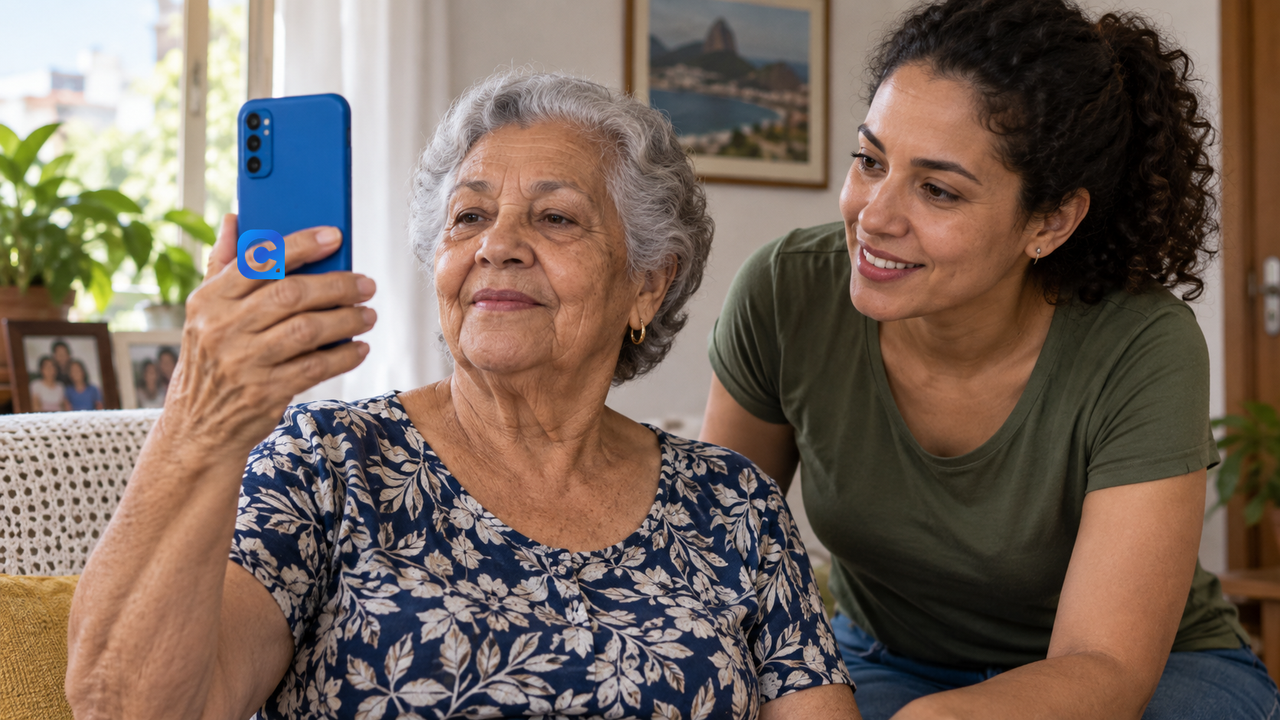 Beneficiária confere validação de identidade no celular com ajuda familiar