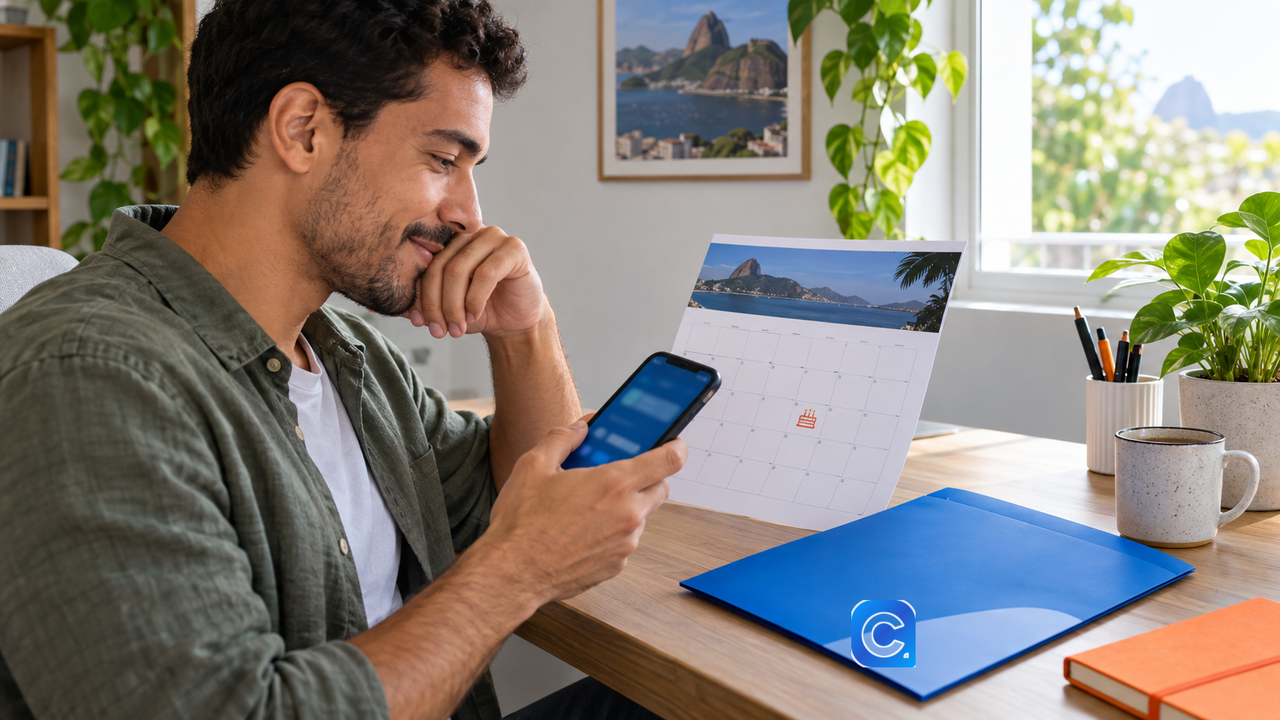Trabalhador consulta calendário e celular para verificar o saque-aniversário.