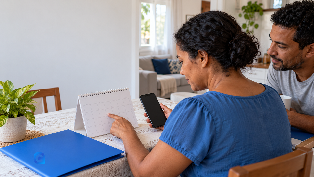 Mulher adulta consulta um calendário e um celular em casa, acompanhada por outro adulto.