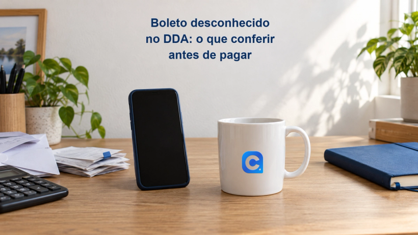Celular e comprovantes usados na conferência de boleto; símbolo oficial do Meu Consig em caneca branca.