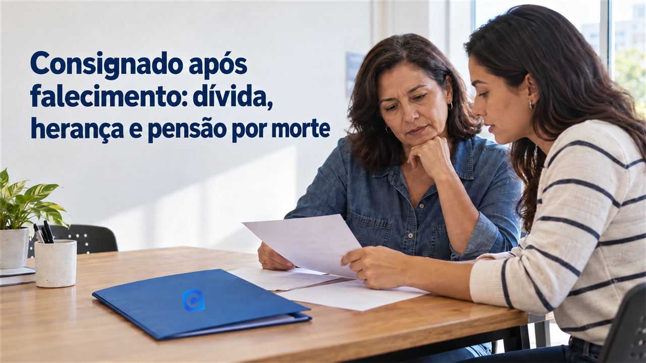 Duas mulheres conferem documentos sobre uma mesa, com uma pasta azul marcada pelo símbolo oficial do Meu Consig e o título “Consignado após falecimento: dívida, herança e pensão por morte”.