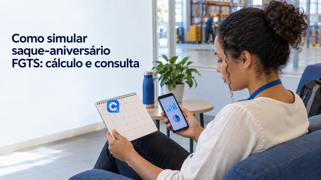 Trabalhadora consulta calendario e celular; o simbolo do Meu Consig aparece no calendario.