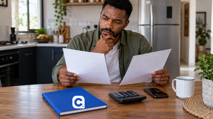 Trabalhador compara consignado CLT e empréstimo pessoal com caderno azul.