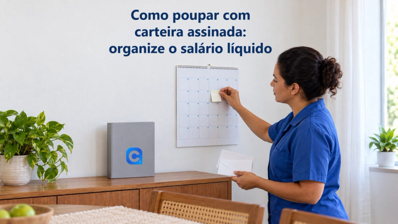 Trabalhadora de uniforme azul organiza vencimentos com notas sem texto em calendário doméstico e segura envelopes, com símbolo Meu Consig na pasta cinza apoiada no aparador.