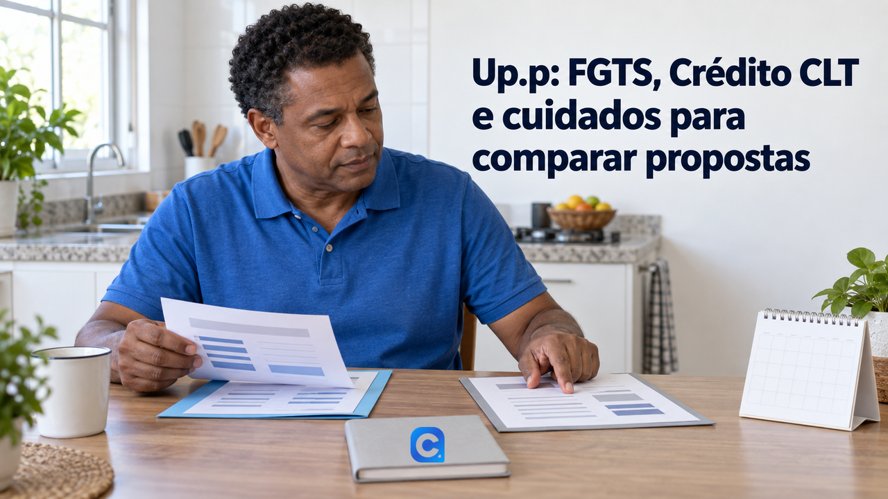 Homem de camisa azul compara dois demonstrativos sem dados pessoais, com calendário genérico e símbolo Meu Consig no caderno sobre a mesa.