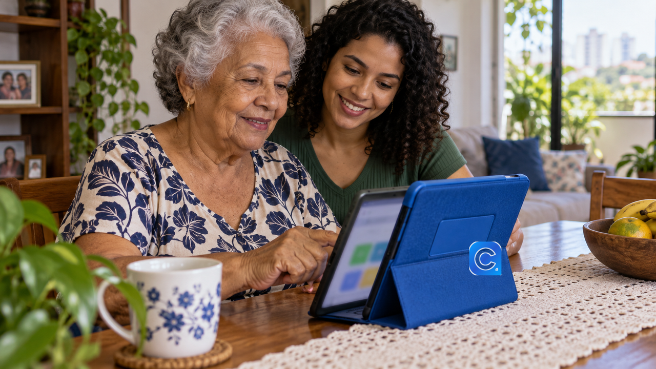 Aposentada acessa serviços do Meu INSS em um tablet com ajuda da família.