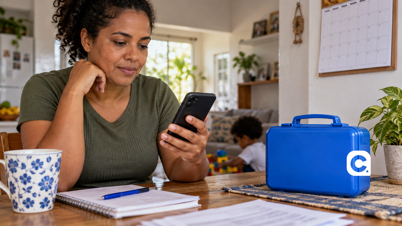 Responsável familiar consulta Bolsa Família em casa com caixa azul e símbolo Meu Consig.