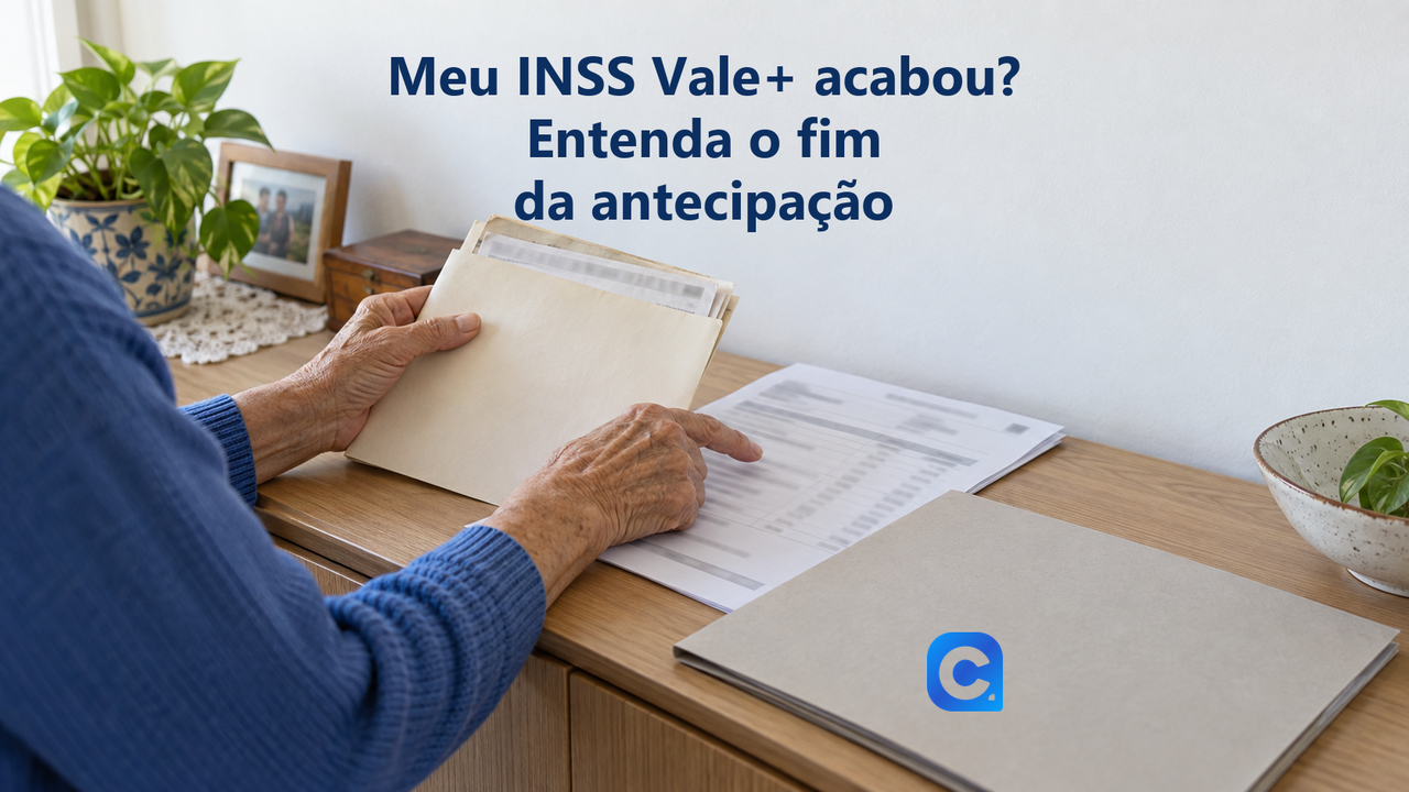 Mãos de pensionista separam documentos arquivados e conferem extrato atual sobre um aparador, ao lado de pasta com o símbolo oficial do Meu Consig.