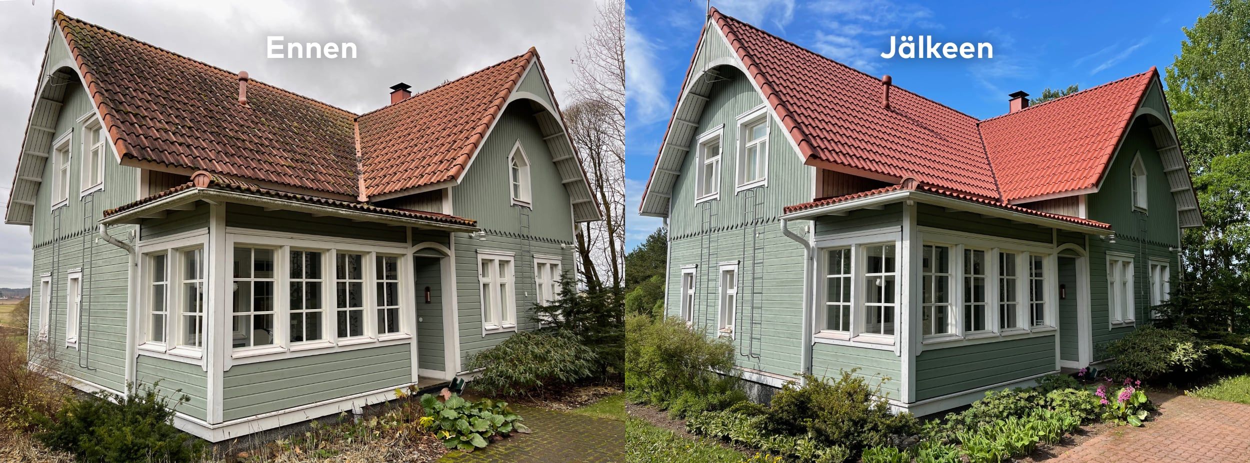 Tiilikaton pesu ja pinnoitus ennen ja jälkeen