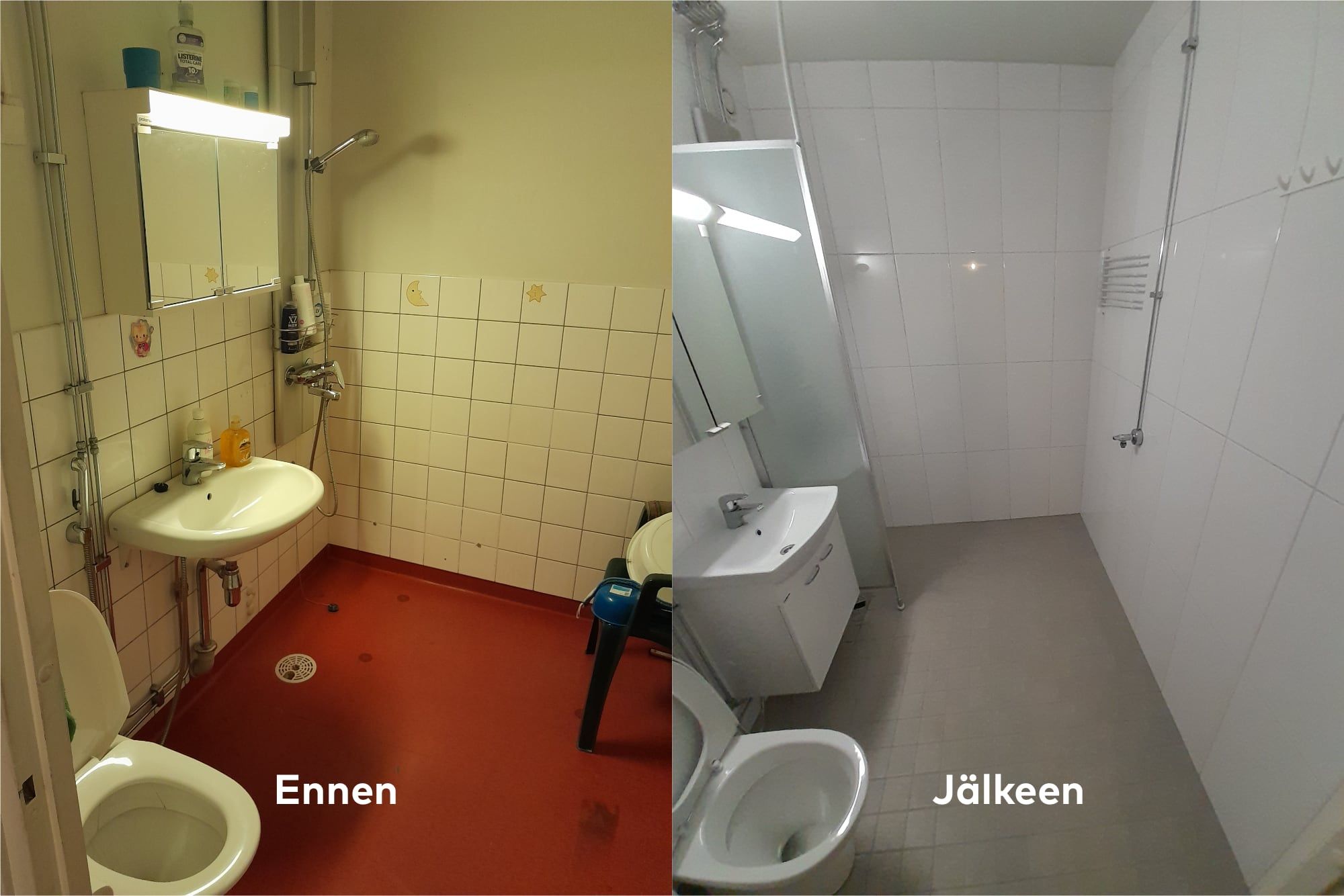Kylpyhuoneremontti ennen ja jälkeen