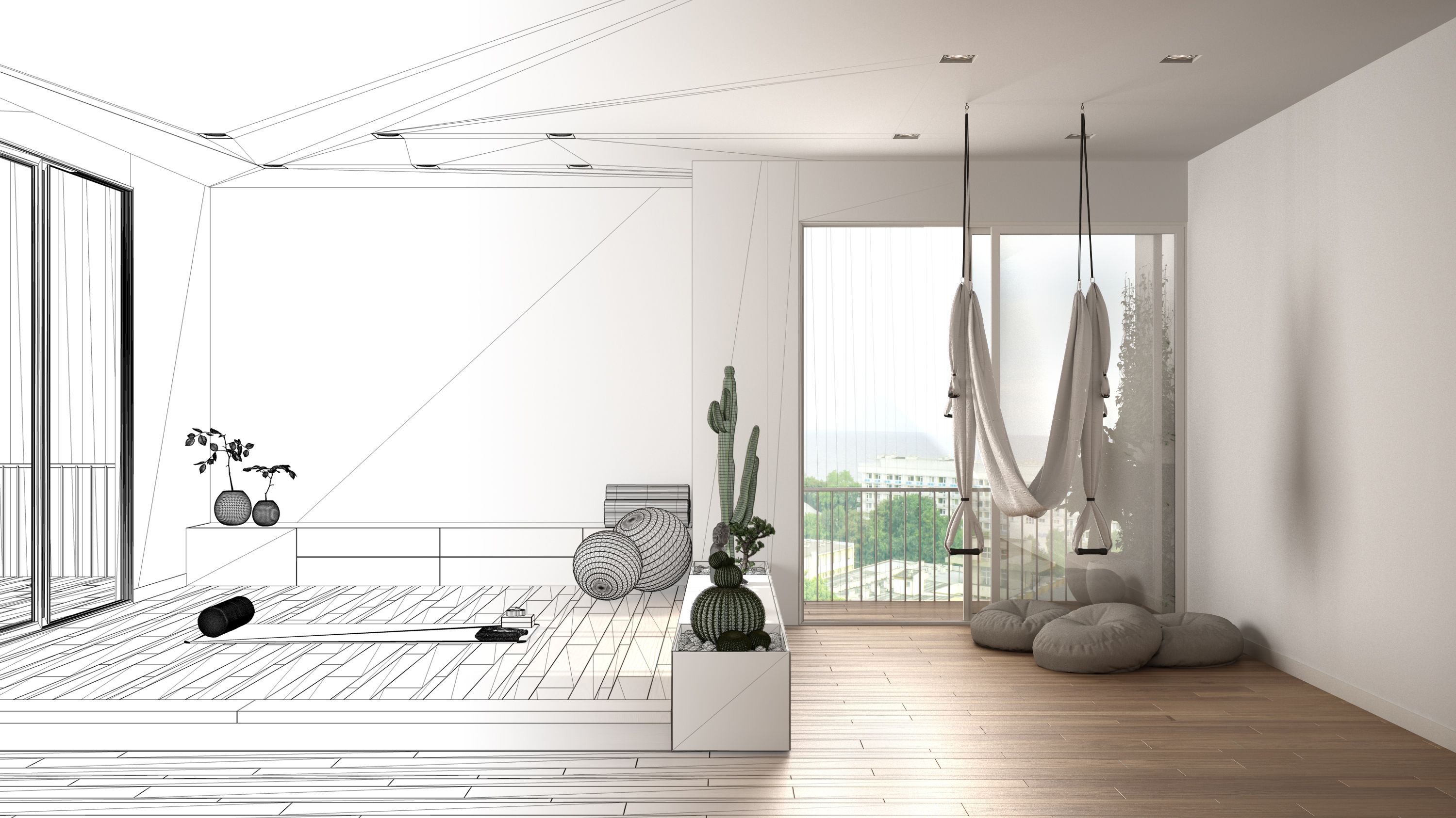 Sisustussuunnittelijan hahmotelma olohuoneesta