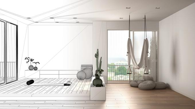 Sisustussuunnittelijan hahmotelma olohuoneesta