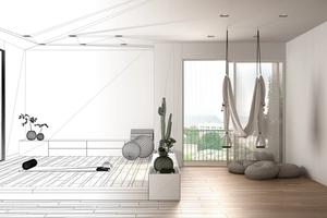 Sisustussuunnittelijan hahmotelma olohuoneesta