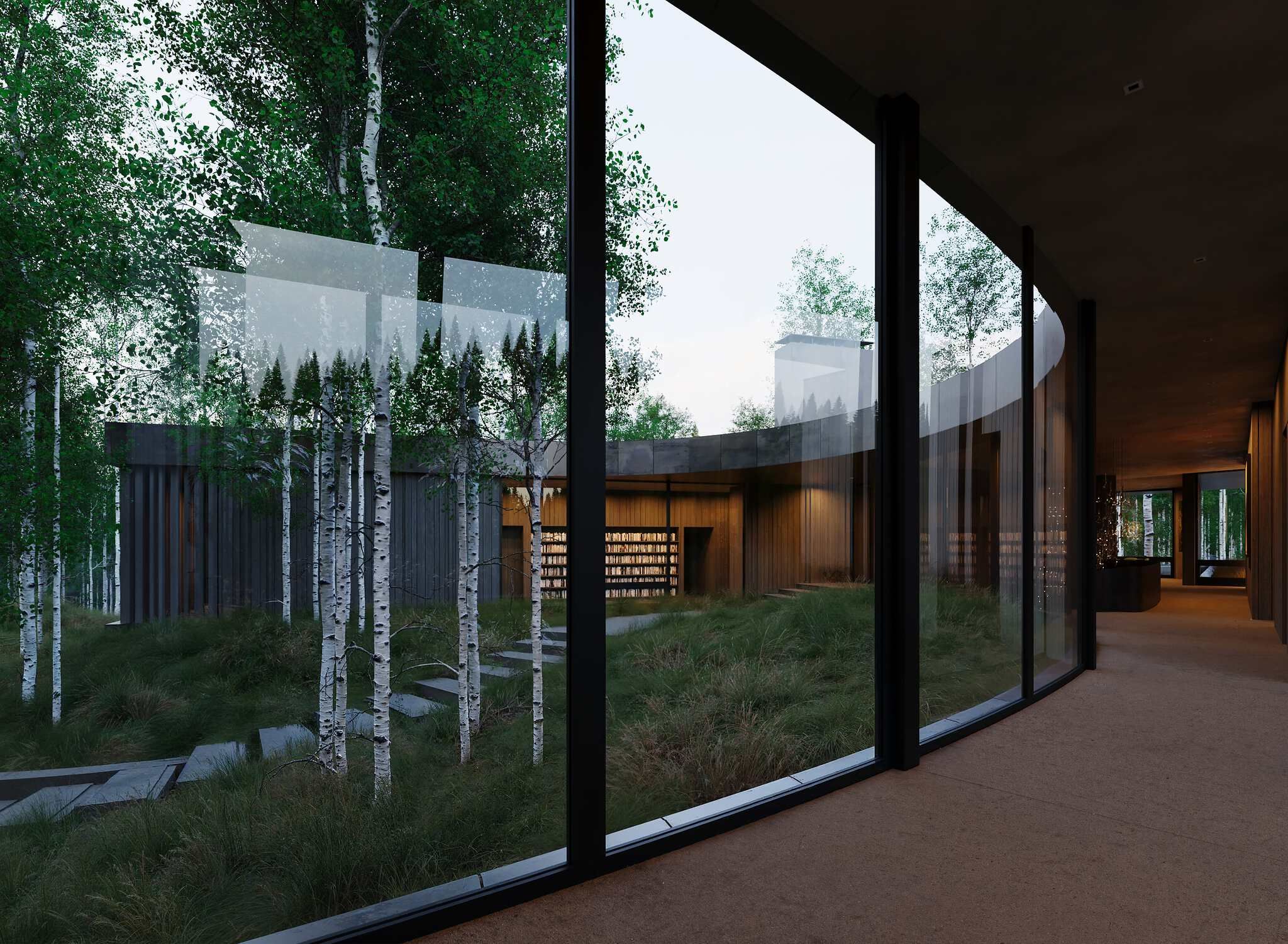 Modern interior hallway with a curved, floor-to-ceiling glass wall offering a view of a serene natural landscape. Birch trees with white bark, lush green grass, and a path of stepping stones lead to a contemporary dark-paneled building with a brightly lit library visible through its windows. The interior features dark, textured walls and a warm-toned floor.
