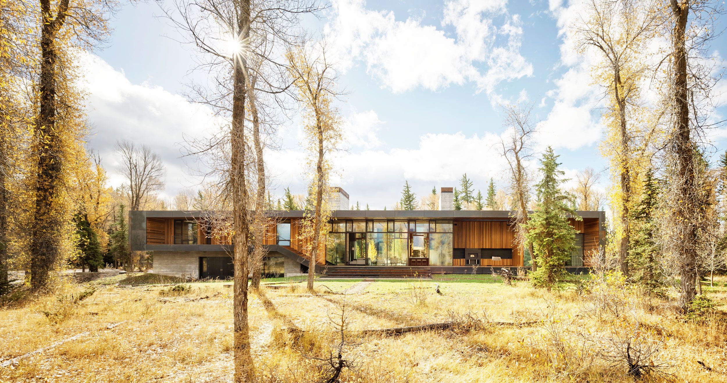 A contemporary linear home featuring extensive glass windows and natural wood siding, set amidst golden autumn trees and dry grassy terrain under a bright blue sky with scattered clouds.