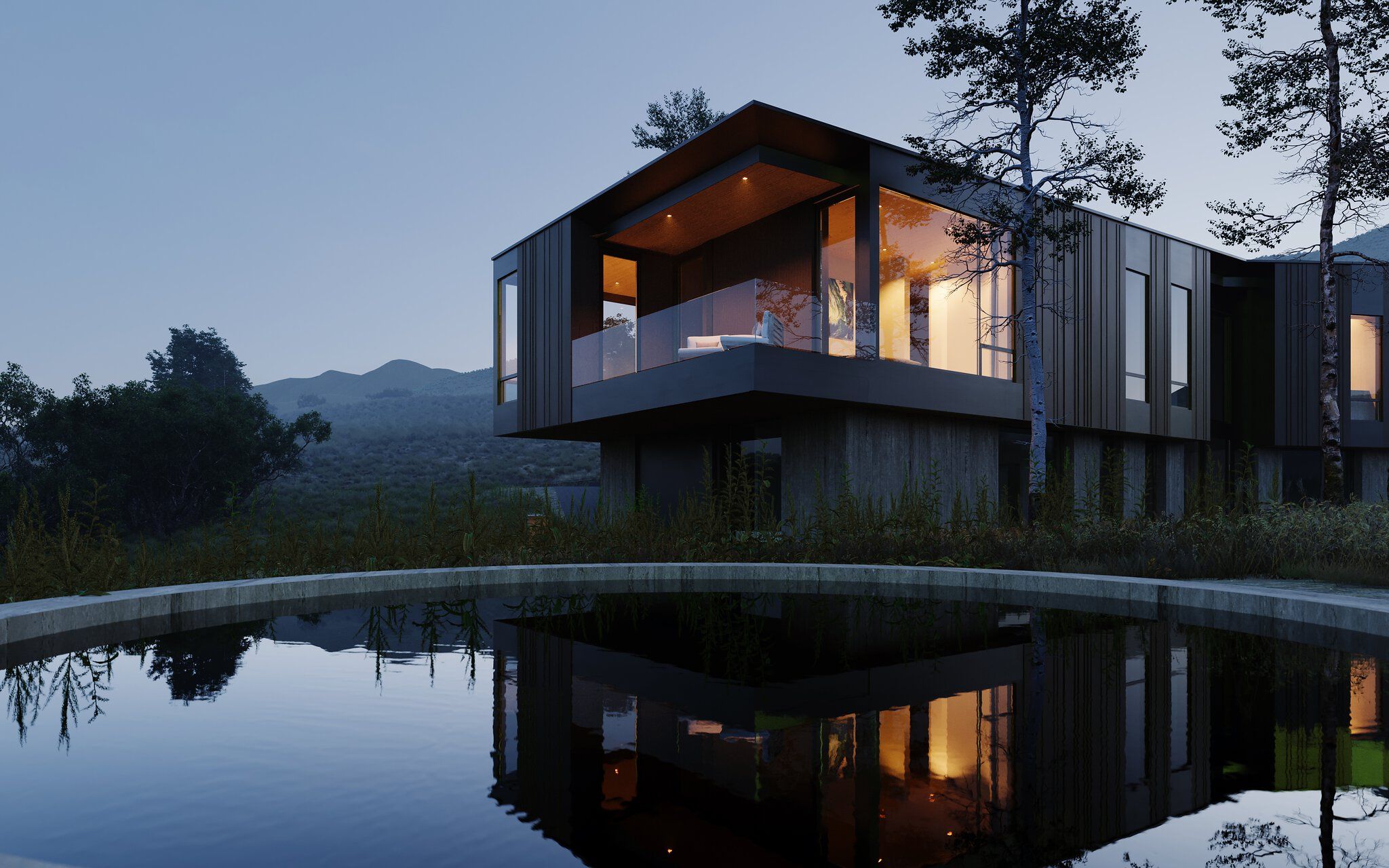 Modern architectural residence with a dark facade, illuminated interiors, and a glass-railed balcony, reflected in a serene reflecting pool at twilight, surrounded by mountains and sparse trees.