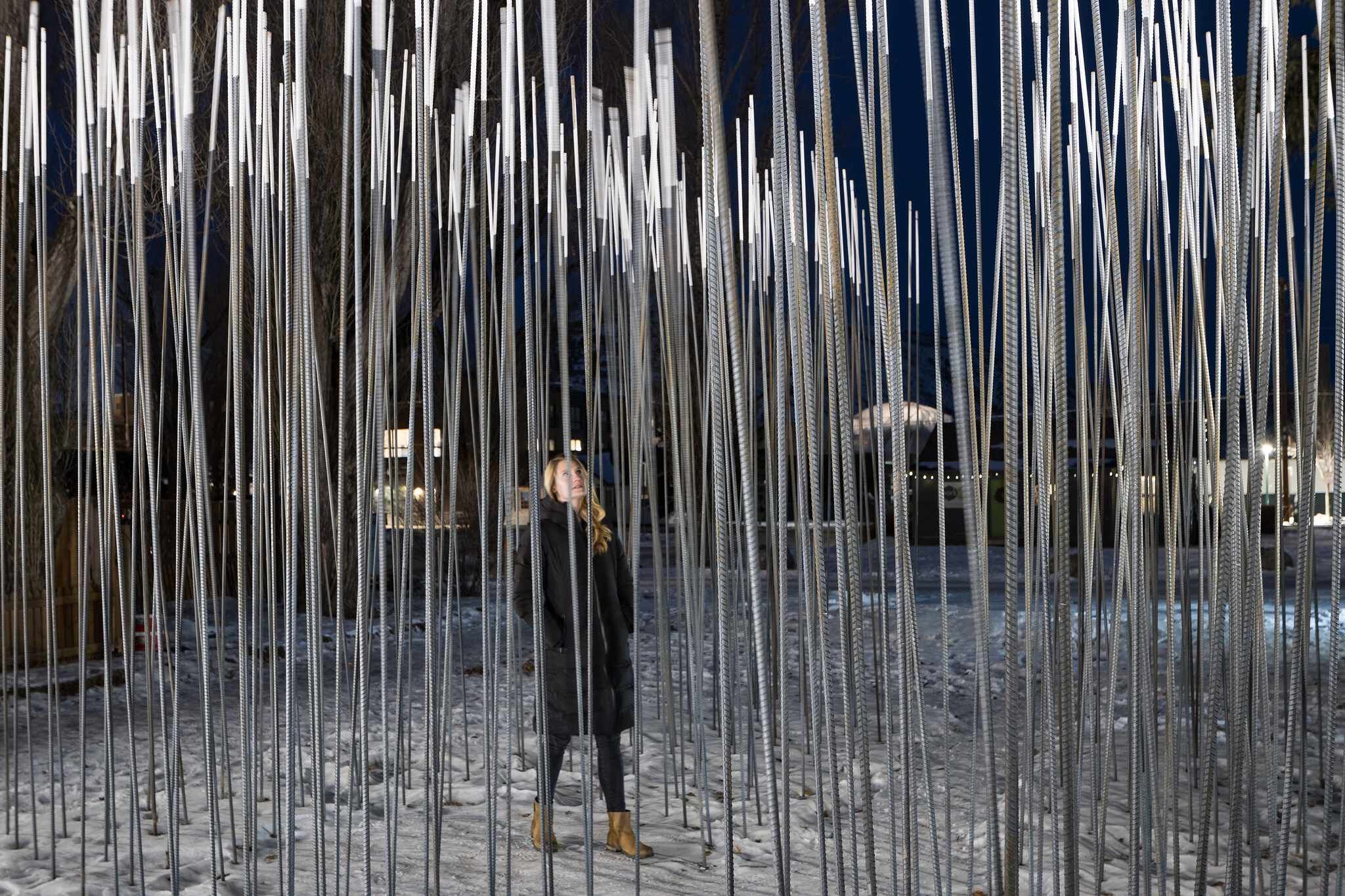 Blonde woman in a dark winter coat and brown boots stands in a snow-covered field, looking up amidst a dense art installation of numerous vertical metal rods. Many of the rods are illuminated with white light, creating a striking light art display against a dark blue night sky, with trees visible in the background.