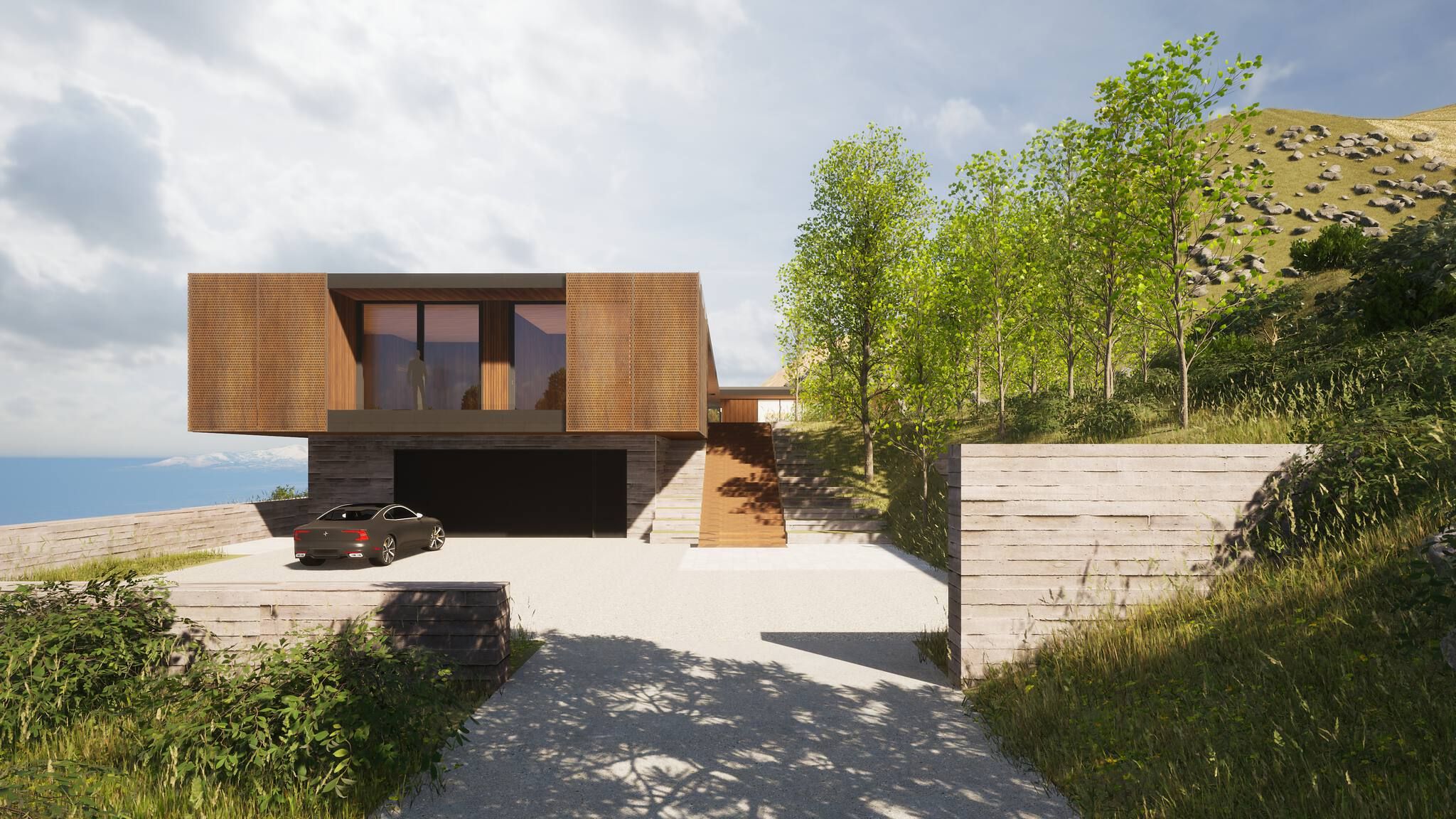Contemporary hillside home with a cantilevered wood and concrete facade, a dark gray car in the driveway, and a grand wooden staircase ascending through lush green trees. An ocean and distant mountains are visible in the background under a cloudy sky.