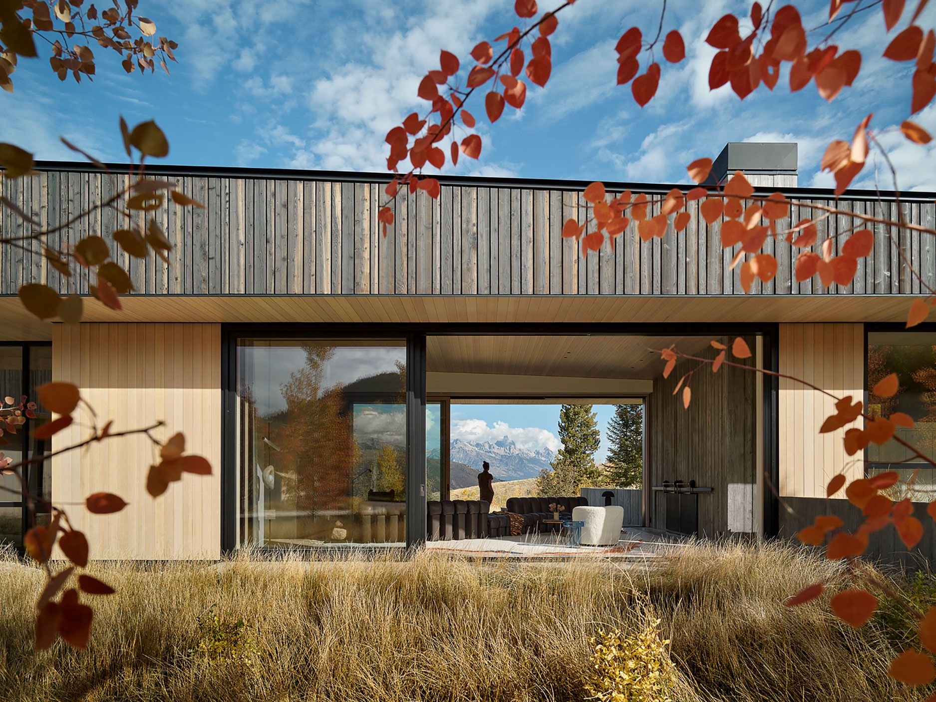 Living room framed by autumn leaves, featuring floor-to-ceiling glass doors opening to scenic mountain views.