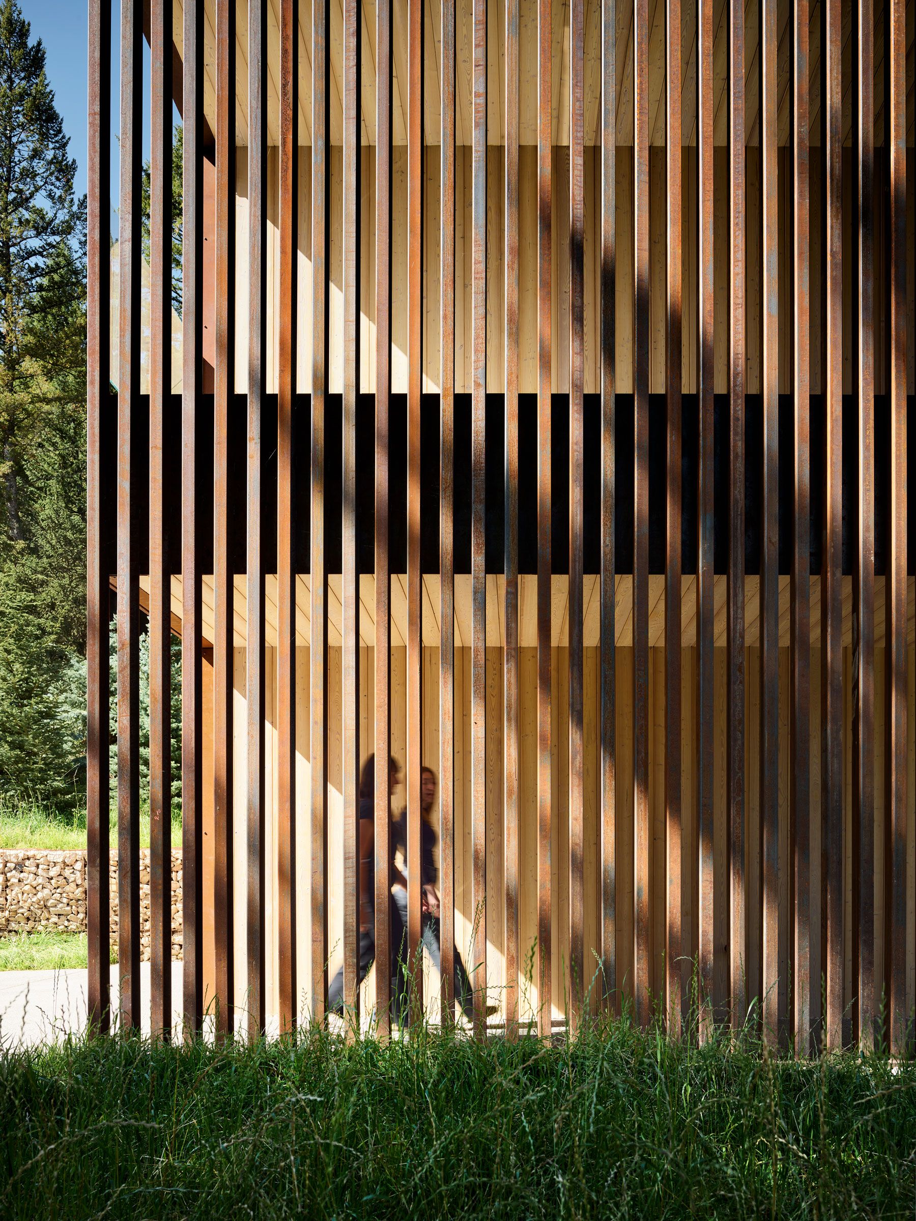 Modern architectural facade featuring vertical rusted metal slats partially revealing a light-colored wooden building with blurred figures walking inside. Tall green grass fills the foreground, with pine trees visible to the left under a bright sky.