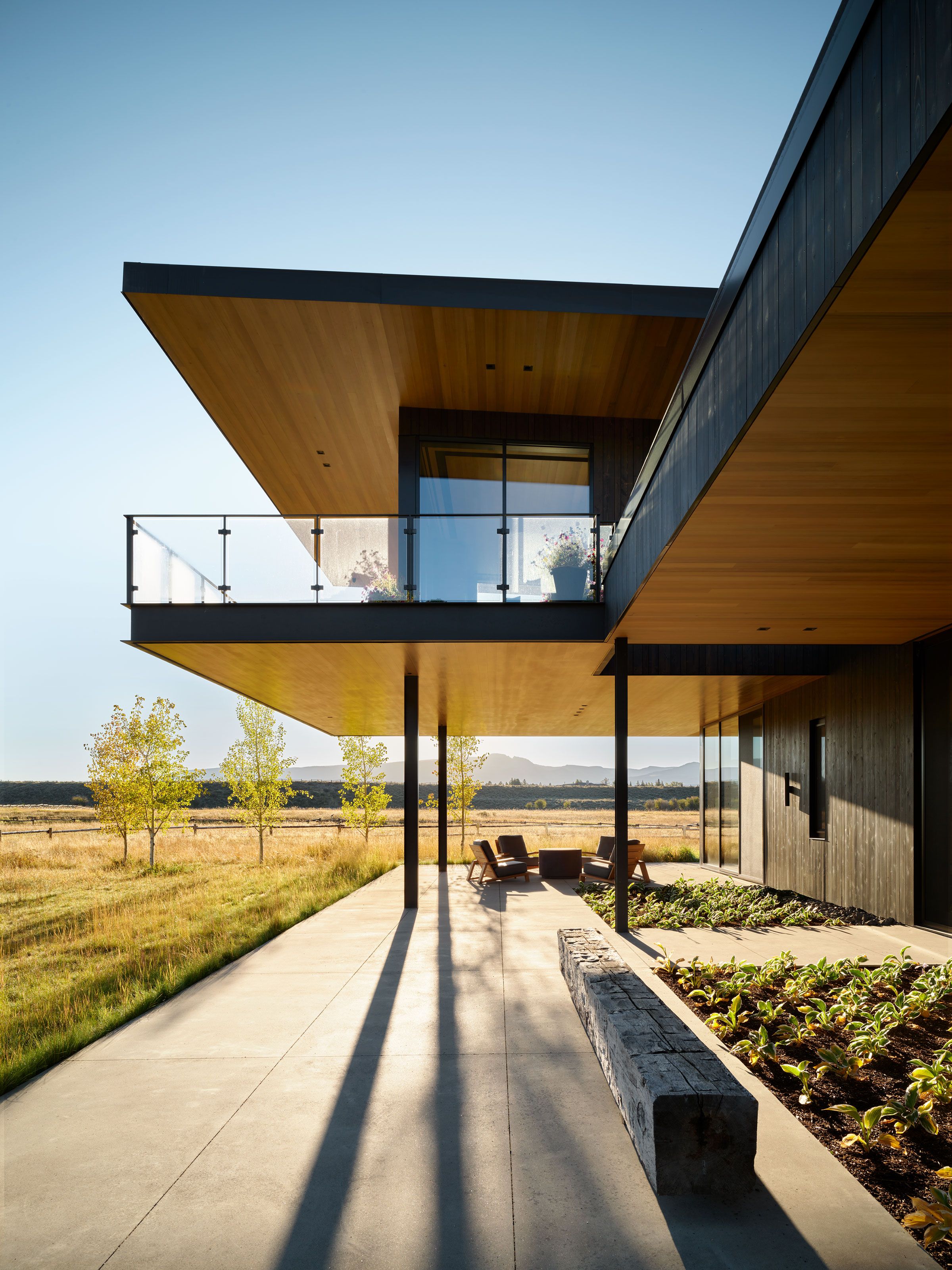 Modern two-story house with dark wood siding and warm wood soffits, featuring a cantilevered upper level and a glass-railed balcony. A spacious concrete patio with a rustic wooden bench and outdoor seating extends from the ground floor, supported by slender black columns. The house overlooks a vast, sun-drenched golden field with young trees and distant mountains under a clear blue sky. Long shadows from the structure stretch across the patio.