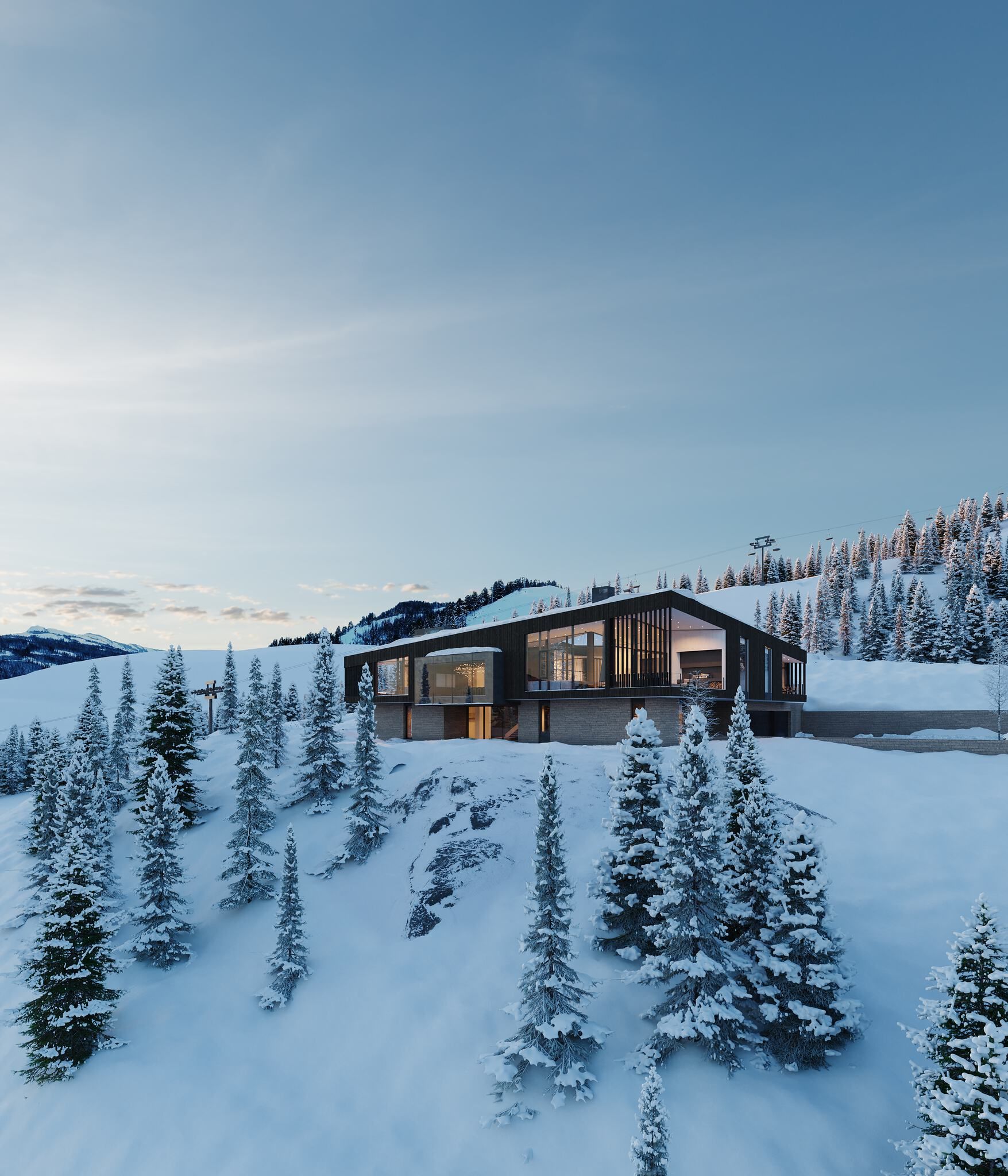 Modern dark-clad ski lodge with expansive windows, illuminated from within, set amongst snow-covered evergreen trees on a vast snowy mountain. A ski lift is visible in the distant background under a bright blue sky.