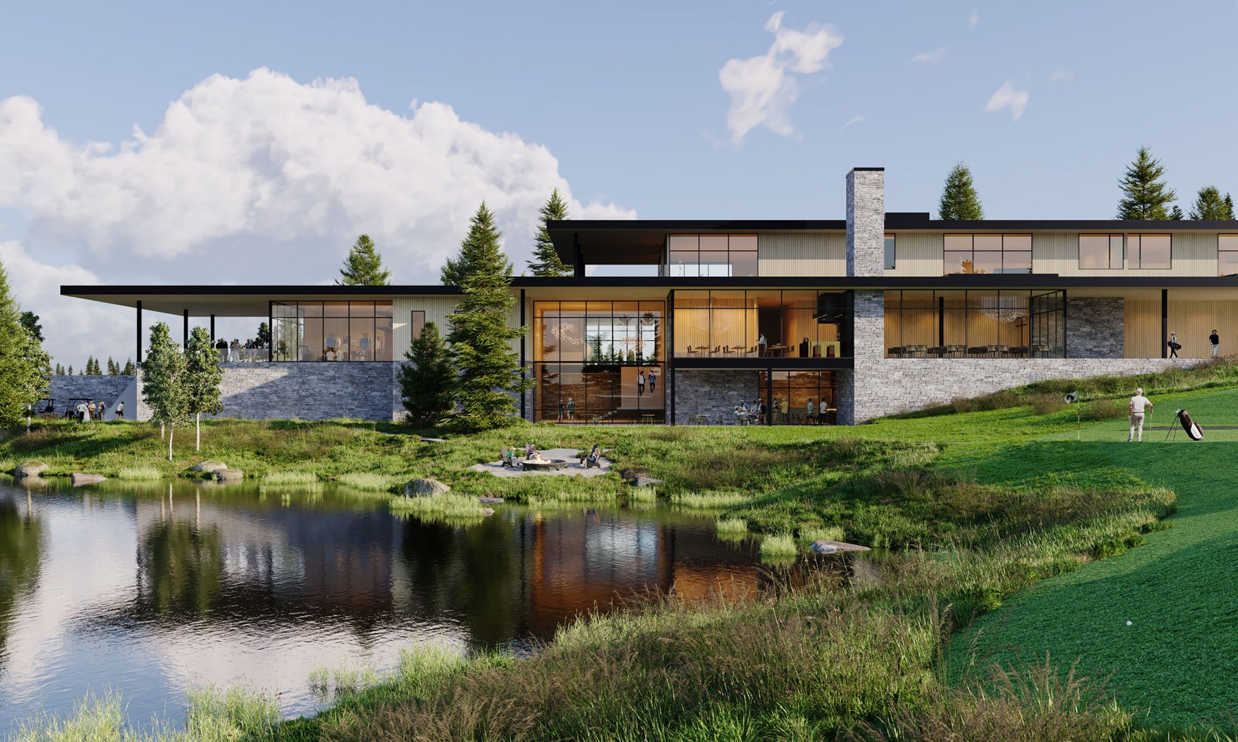 Modern multi-story clubhouse featuring stone, wood, and glass, overlooking a tranquil pond and a lush green golf course, with people golfing, dining, and relaxing.