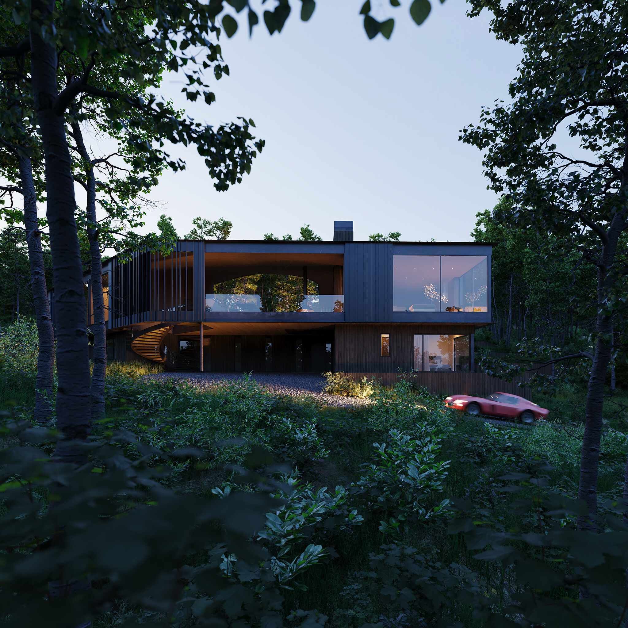 A contemporary dark-clad house with expansive glass walls and glowing interior lights nestled within a dense forest at dusk. An outdoor spiral staircase leads to the lower level, and a red sports car with illuminated taillights is seen on a winding path among lush trees and undergrowth.