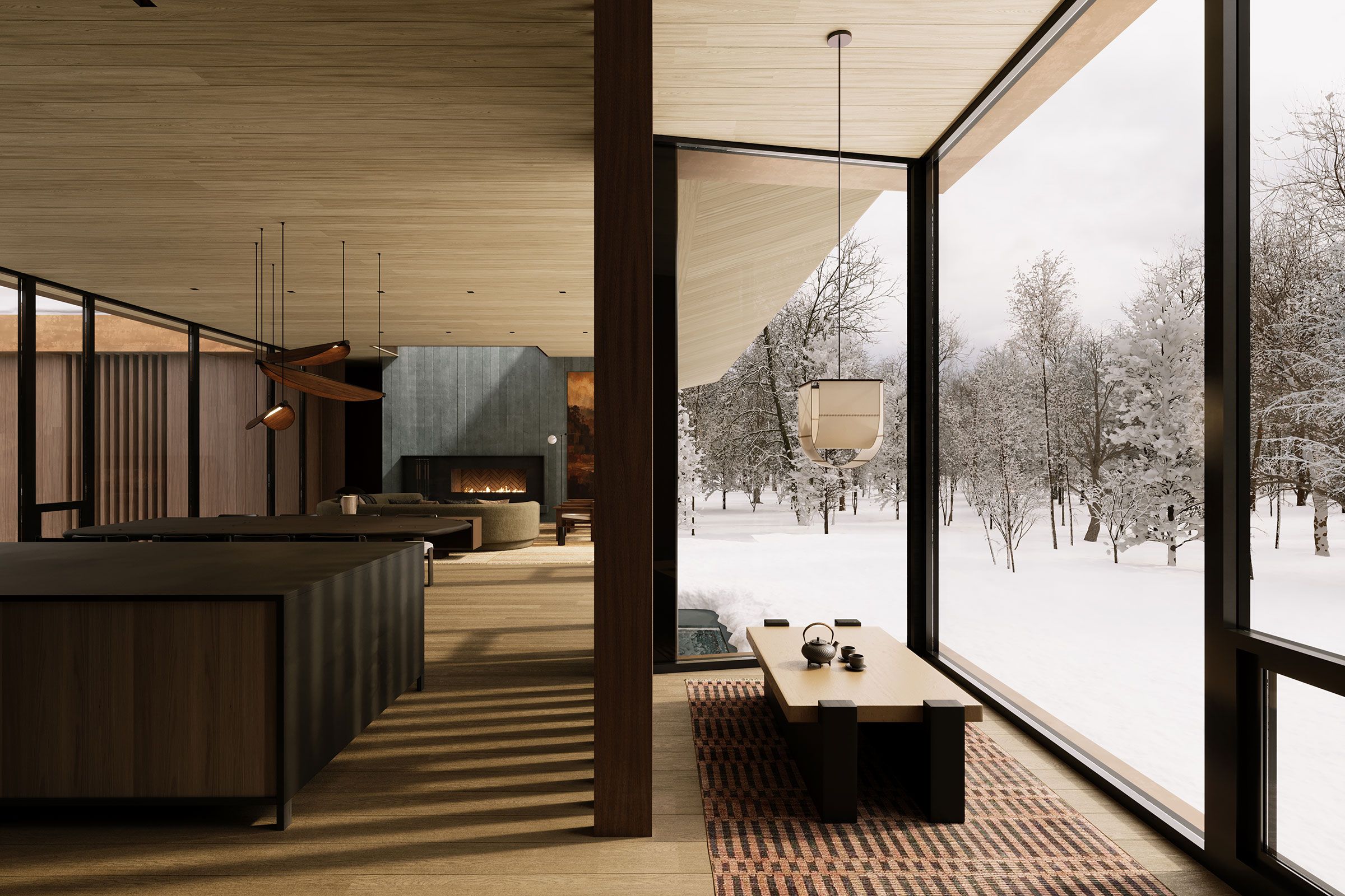 Open-plan interior featuring minimalist wooden finishes, warm lighting, and floor-to-ceiling glass windows looking out onto a snowy forest.
