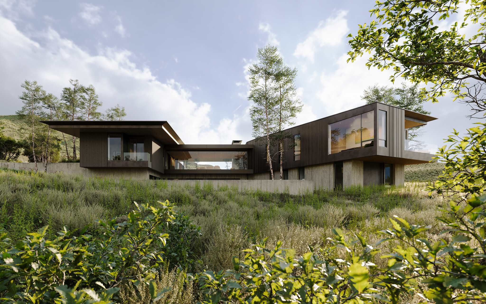 Modern dark-clad architectural house with a concrete base and expansive windows, nestled into a lush green hillside surrounded by wild grasses and trees.