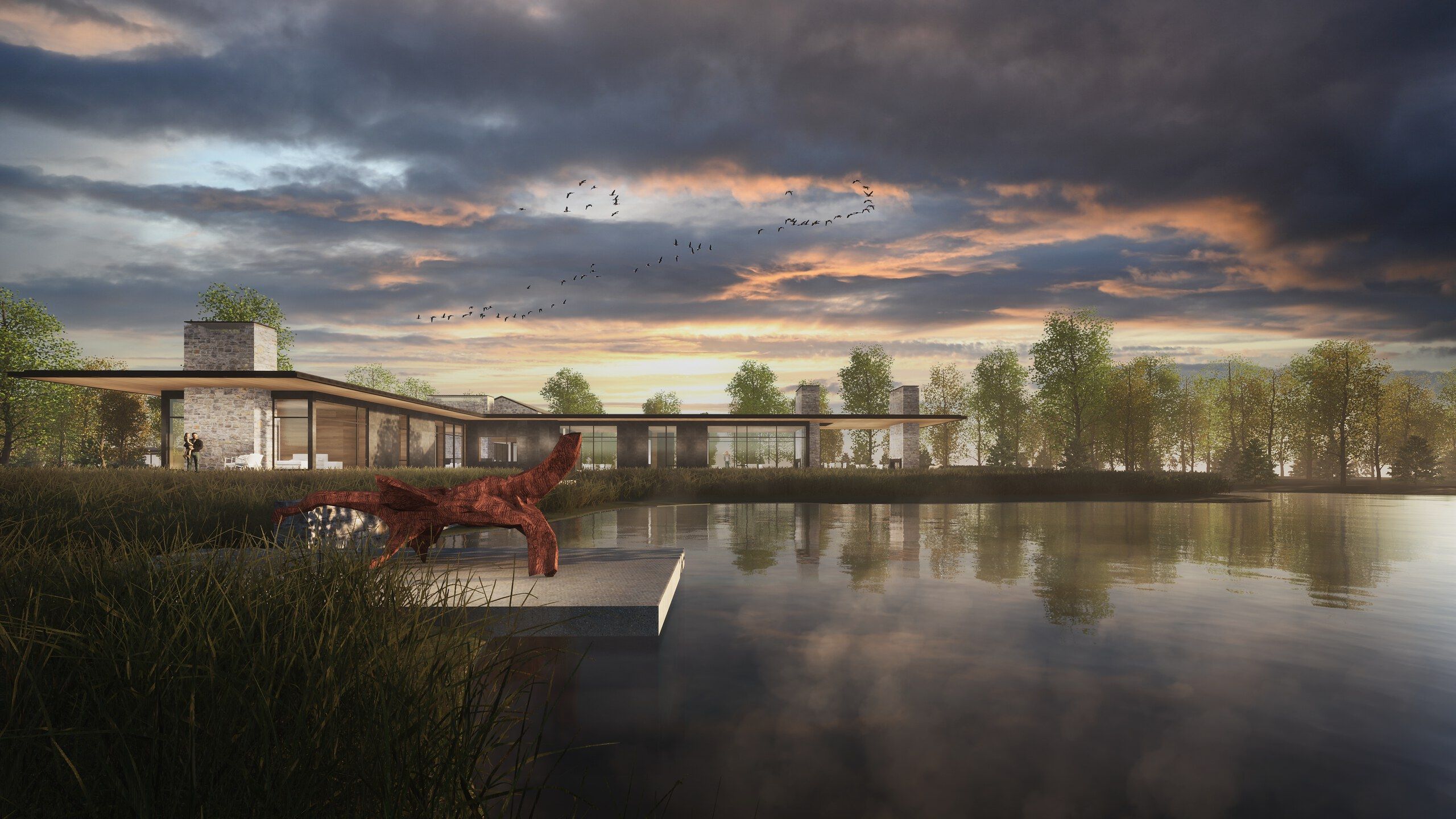 Modern stone and glass house by a tranquil lake at sunset, featuring an abstract red sculpture on a pier and birds in a dramatic cloudy sky.