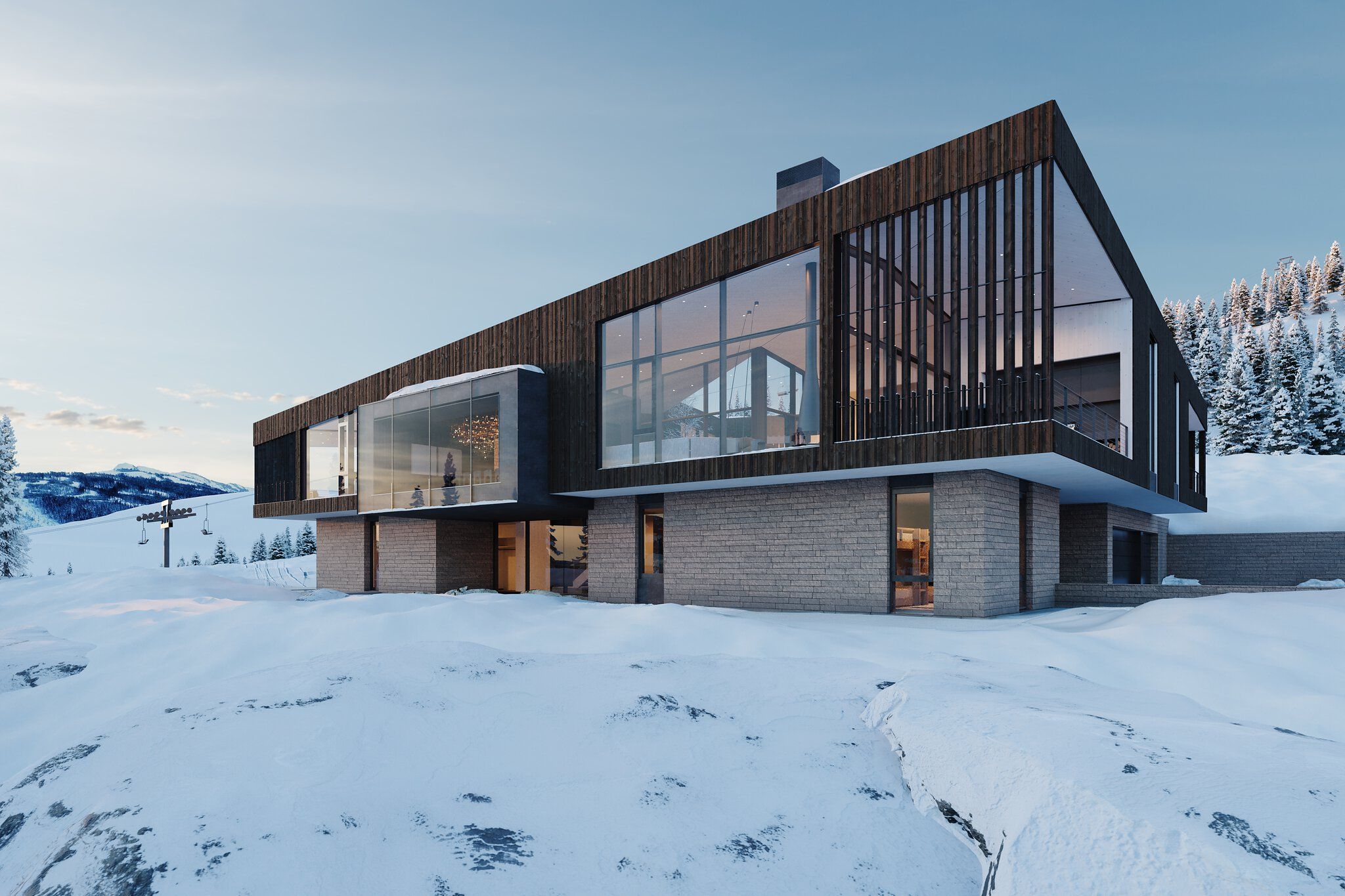 Modern luxury mountain home with large glass windows, dark wood siding, and a stone base, nestled in a snowy landscape. Warm interior lights glow at dusk, with pine trees and a ski lift visible in the background.