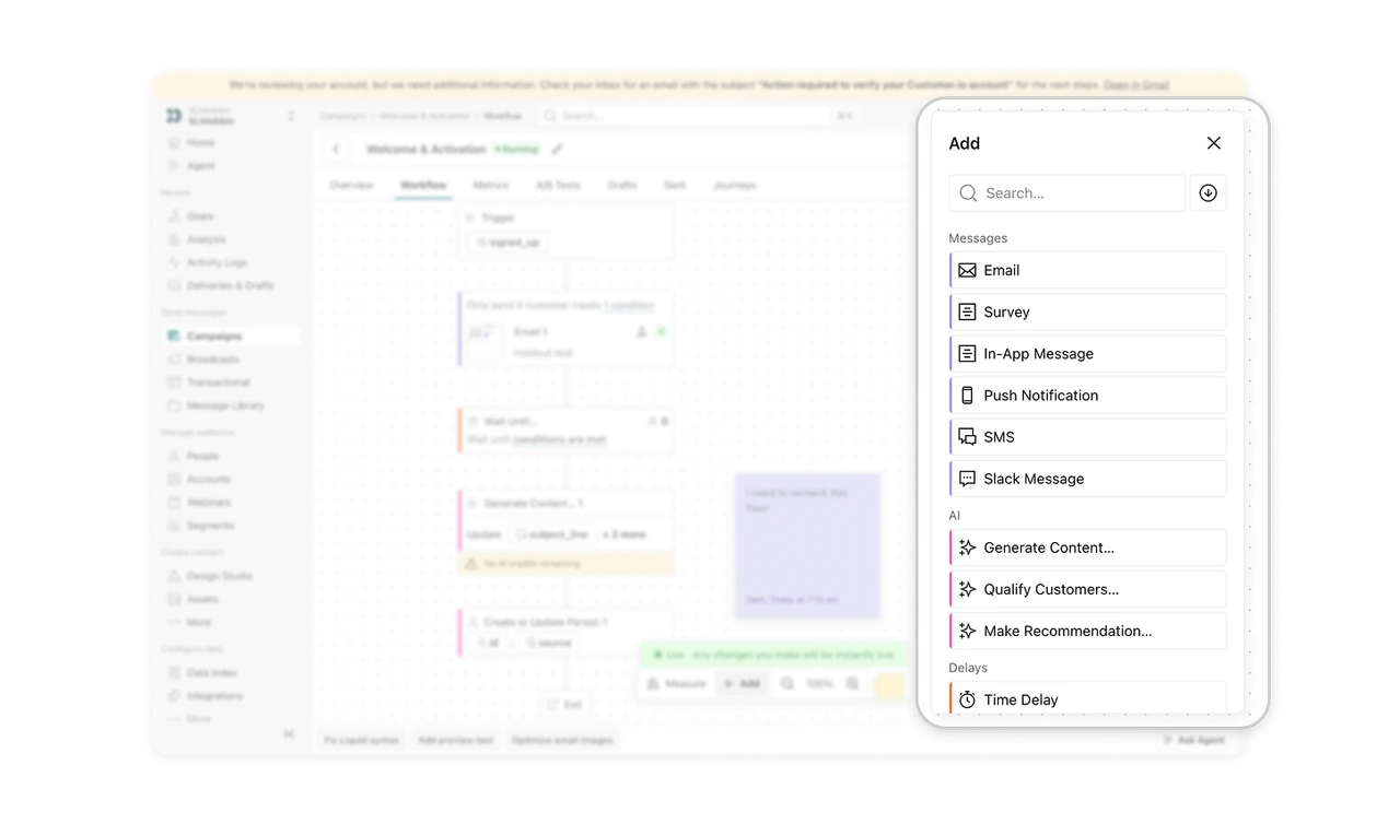 The Add palette doubles as a feature tour, with AI as a peer block