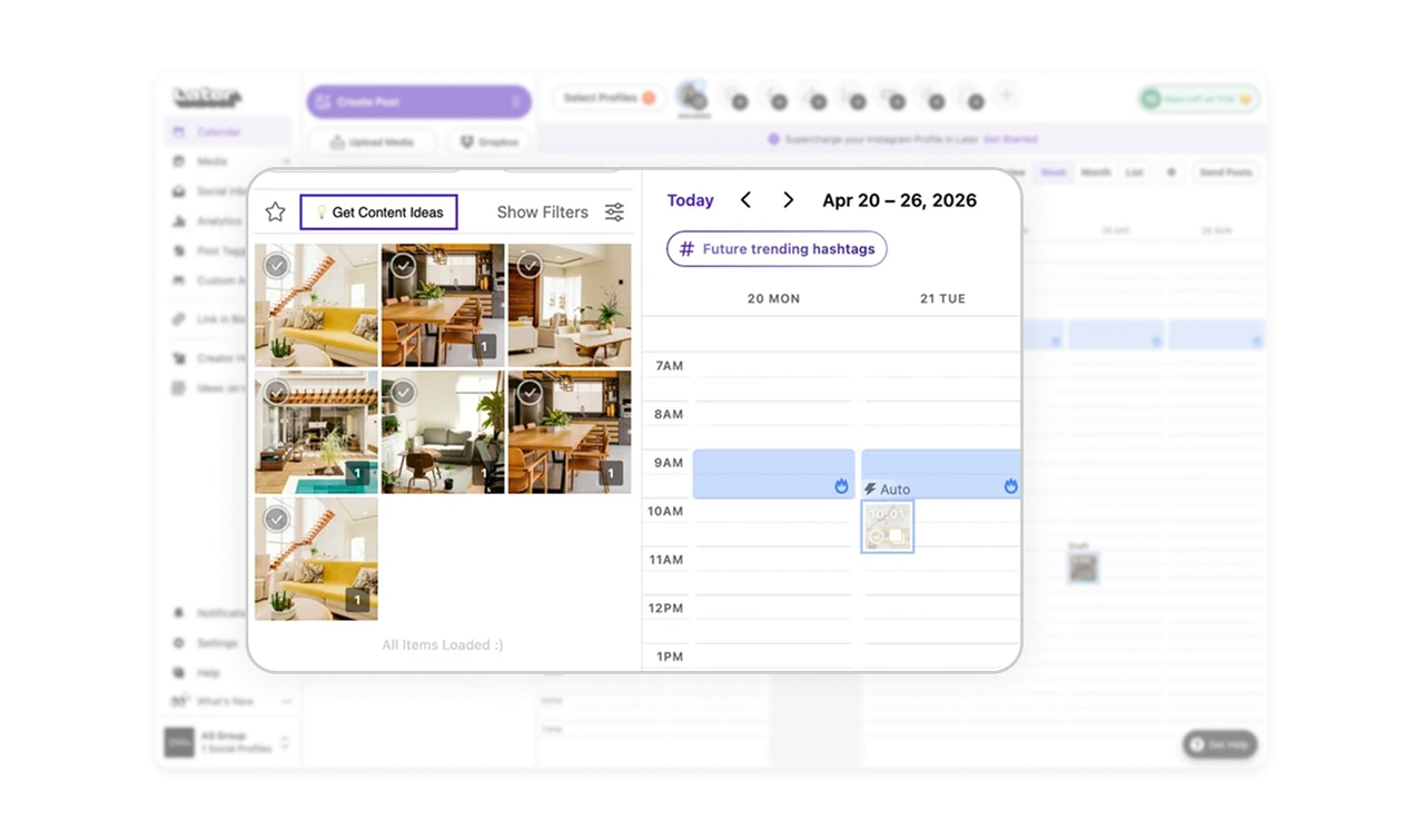 Media library beside calendar enables drag-to-schedule