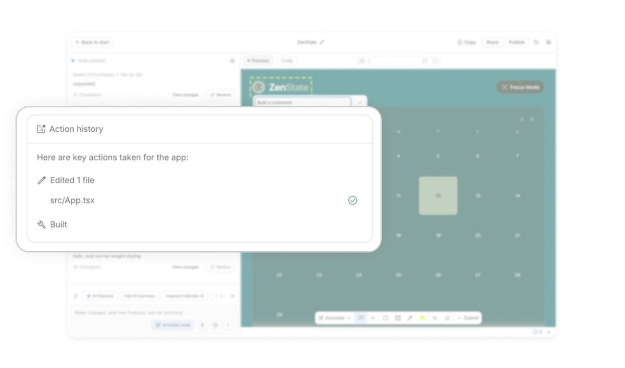 Action history card summarizes complex work in plain icons