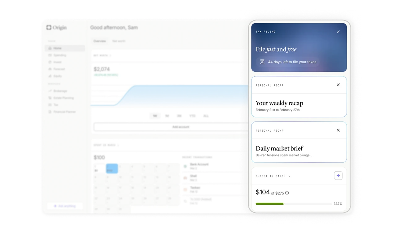 Right panel widgets let users consume finance in chunks