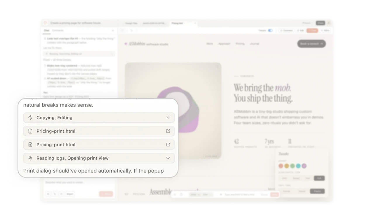 Reading, Editing, Copying logs show the AI's thinking