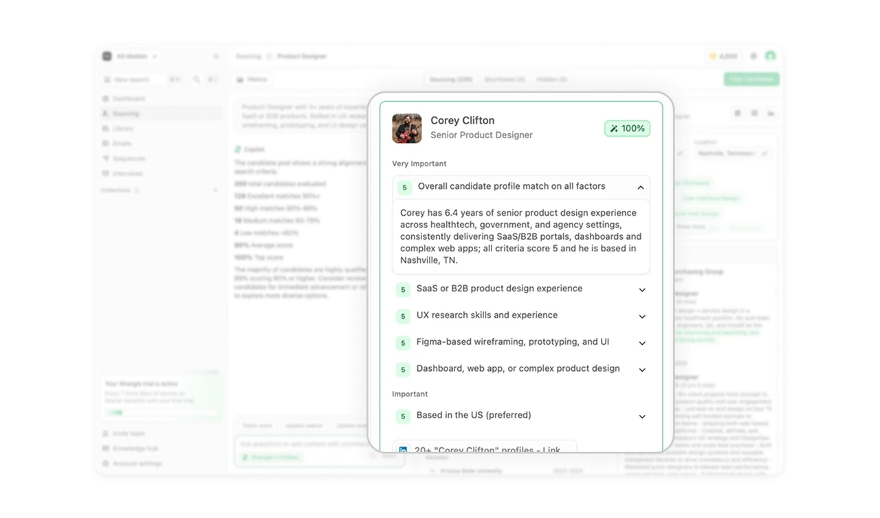 Scored criteria cards replace wall-of-text profiles