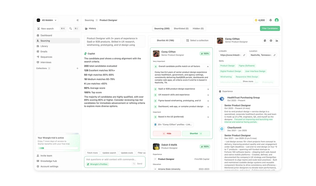 Three-panel layout matches the recruiter's decision flow