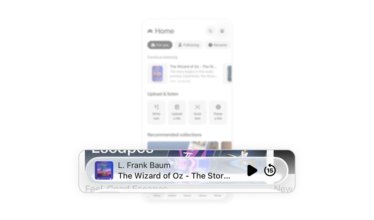 Sticky player includes 15-second rewind for real listening behavior