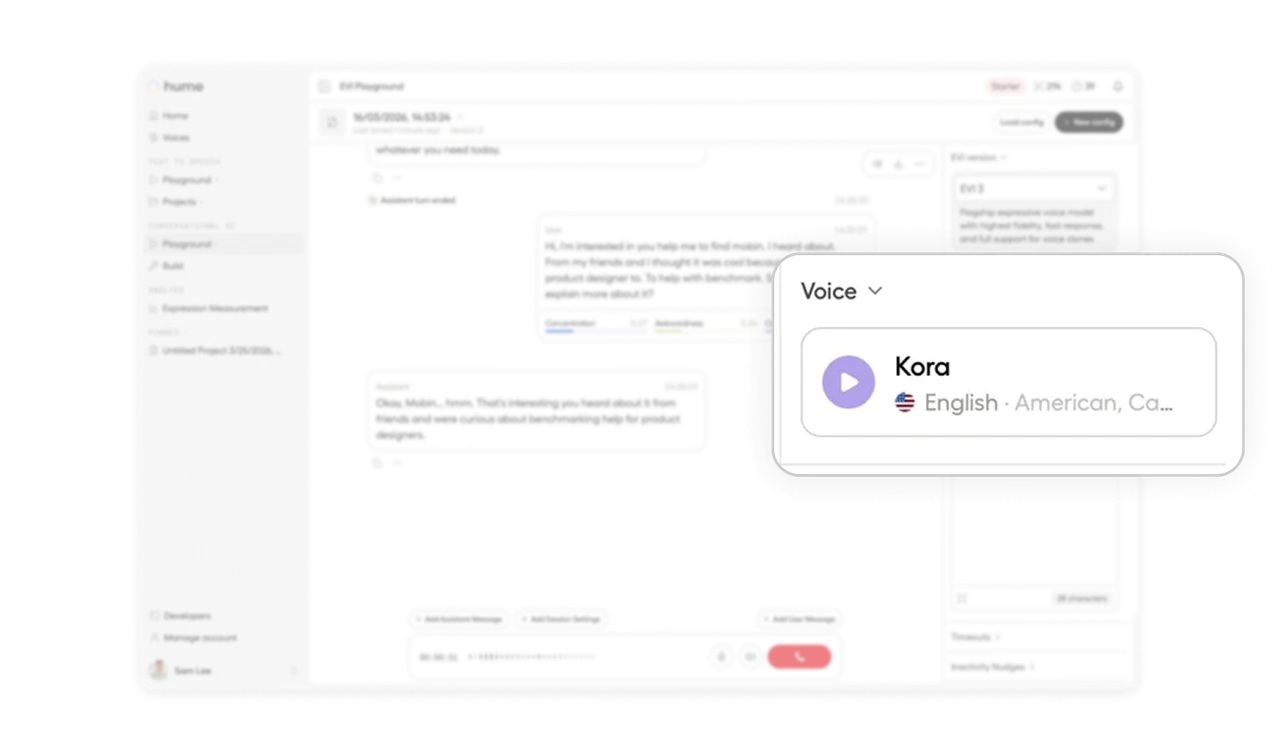 Play button next to voice name lets users test before committing