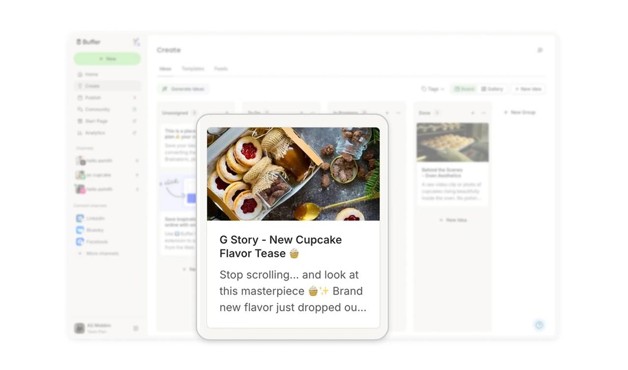 Idea cards carry a full post's anatomy, not a note's