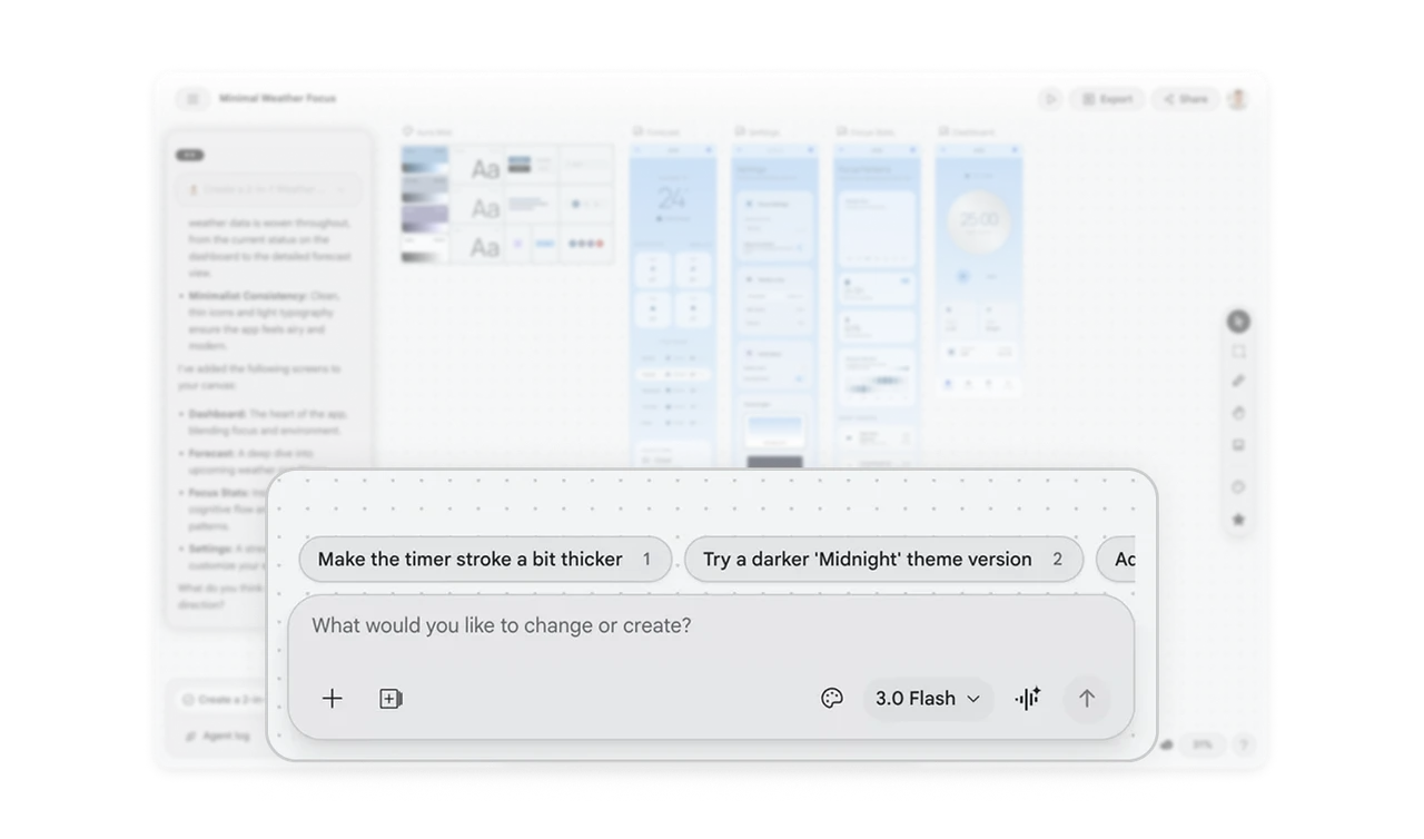 Centered canvas input keeps eyes on the work while typing